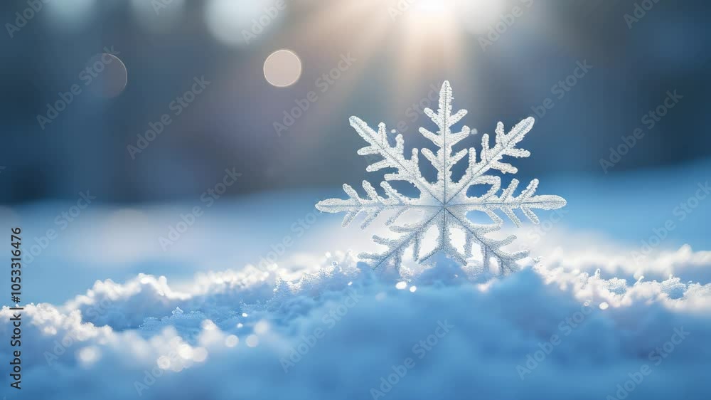 Close-up of snowflake on snow, sunset, soft bokeh Close-up of snowflake on snow, sunset, soft bokeh