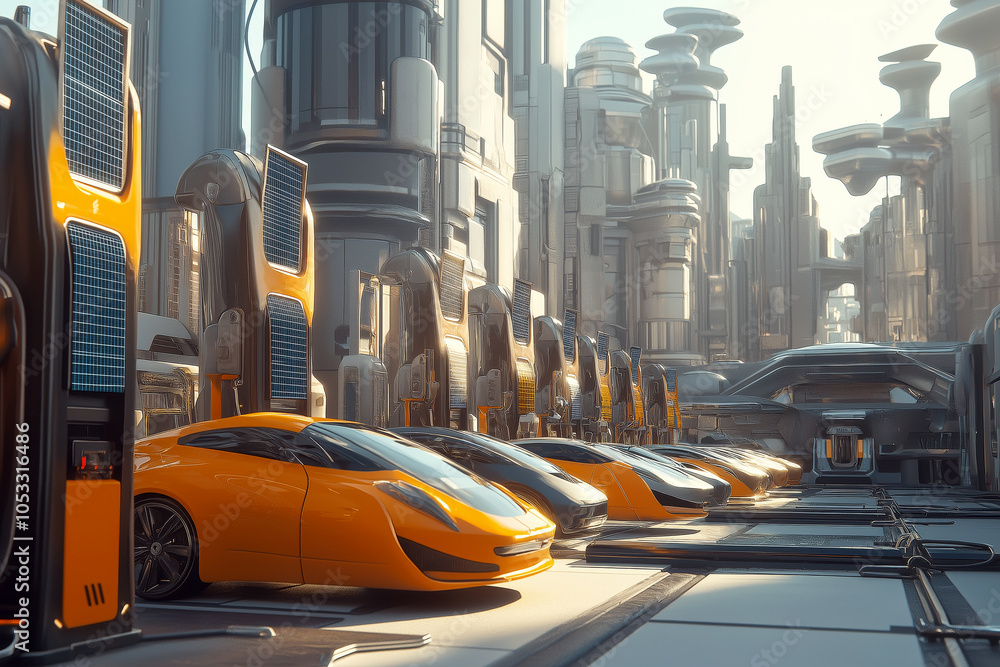 Obraz premium Electric cars lined up at charging stations in a futuristic urban environment, with a clean, eco-friendly cityscape and solar panels visible on nearby buildings.