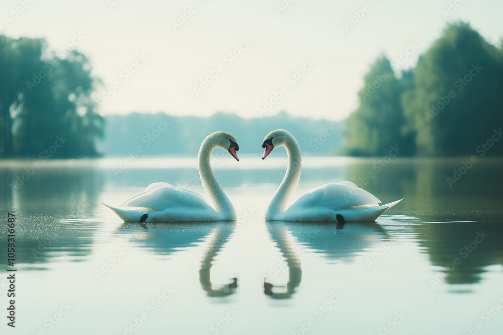 Fototapeta premium Two swans facing each other in a lake, forming a heart shape with their necks, symbolizing love and unity. The calm lake reflects their serene companionship.