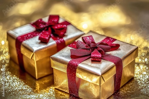 Two beautifully wrapped golden gift boxes with red ribbons, set against a shimmering golden background, perfect for celebrations.