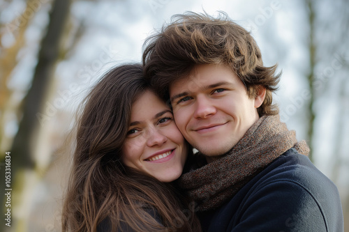 Young couple embracing in a natural, autumn setting. The golden leaves and cool air add to the warm, affectionate moment between them, celebrating love in nature.