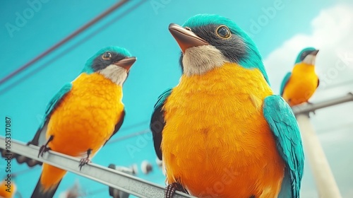 Vibrant encounter with colorful birds perched on power lines under a clear sky