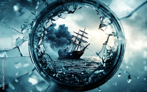 A dramatic view of a ship on stormy seas, visible through a broken glass lens.