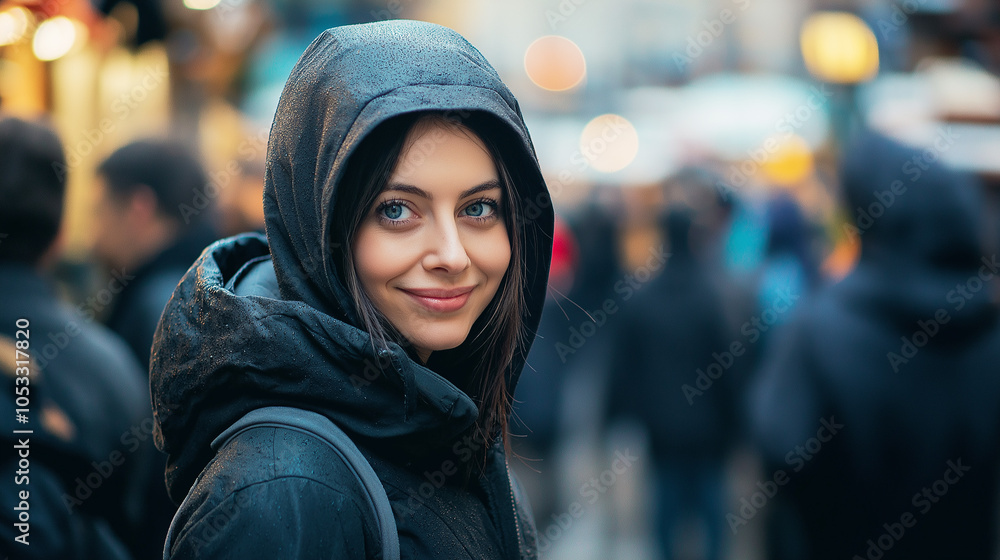 Smiling woman in a city crowd wearing a black hoodie, with bustling urban life around her. The image captures the contrast of personal warmth amid city anonymity. Smiling woman in a city crowd wearing a black hoodie, with bustling urban life around her. The image captures the contrast of personal warmth amid city anonymity.