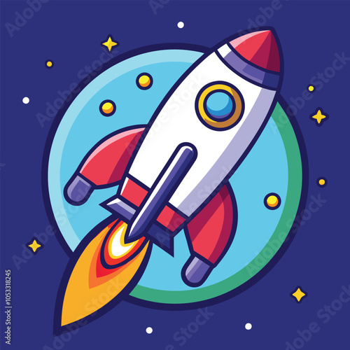 A cartoon rocket blasts off into space, surrounded by stars.  
