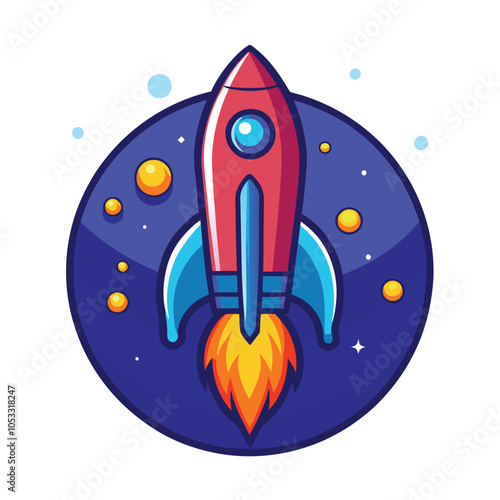 A cartoon rocket ship blasts off into space, leaving a trail of fire behind it.