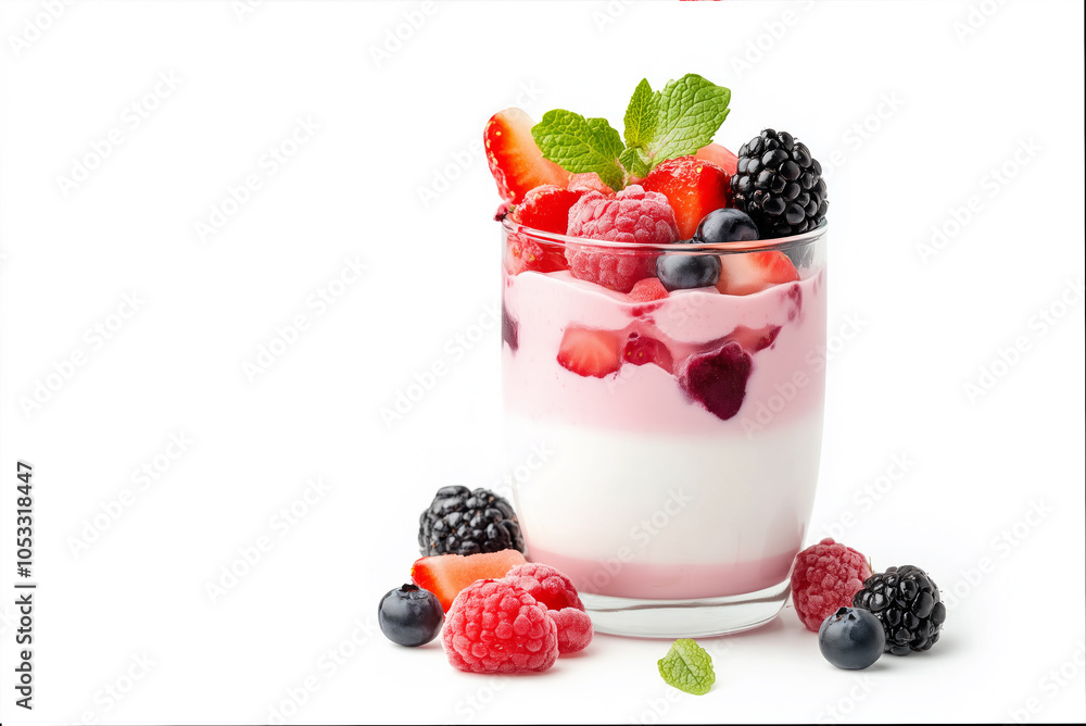 Glass jars filled with yogurt, parfaits and topped with raspberries, blueberries, strawberries, and whipped cream Glass jars filled with yogurt, parfaits and topped with raspberries, blueberries, strawberries, and whipped cream