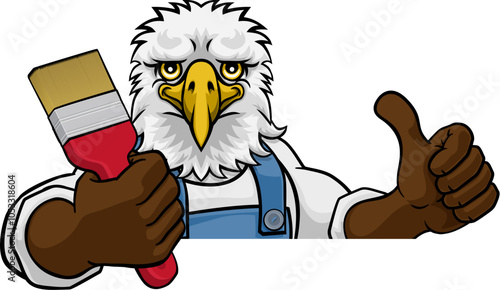 An eagle painter decorator cartoon animal mascot holding a paintbrush peeking around a sign and giving a thumbs up