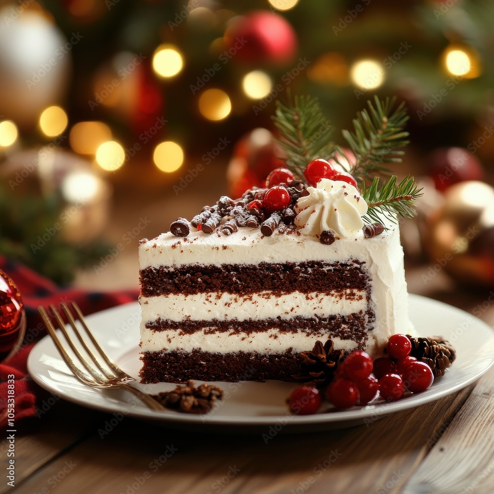 Festive Cake on Holiday Table with Decorations Festive Cake on Holiday Table with Decorations