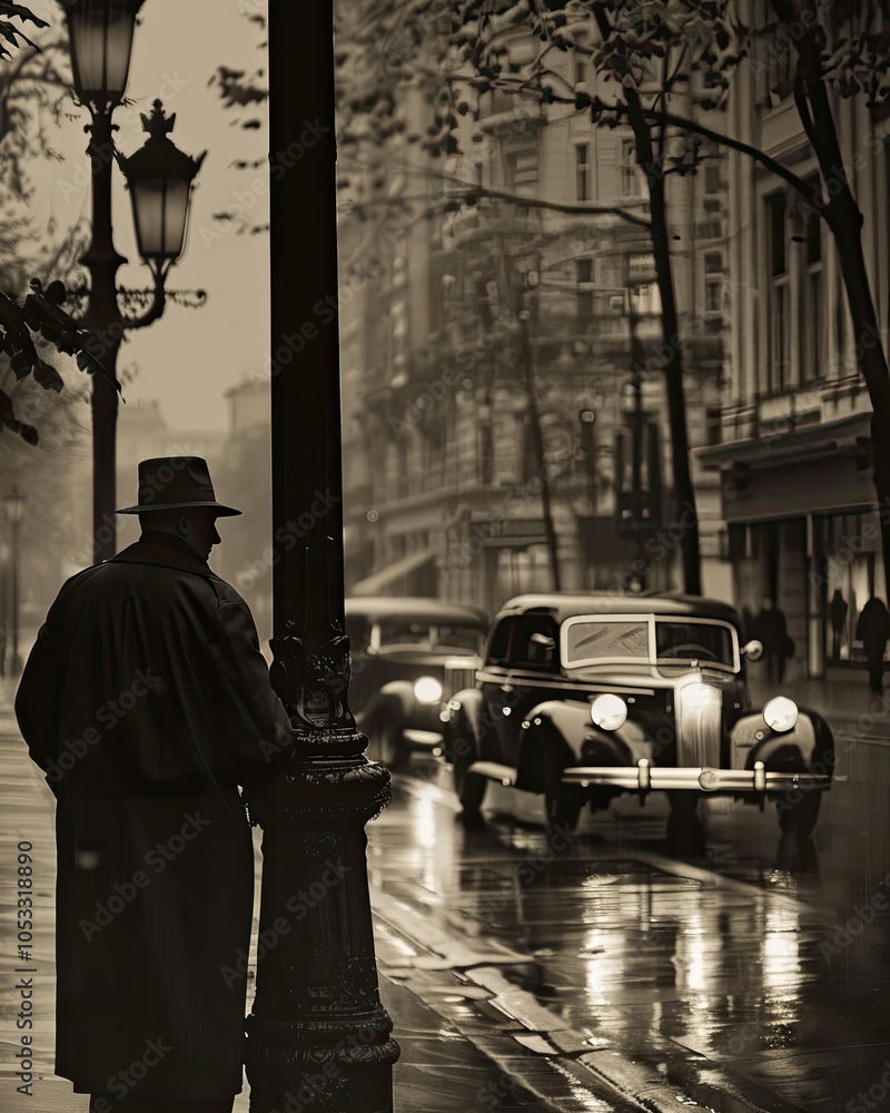 1930s Noir Street Scene with Man in Trench Coat and Passing Vintage Cars