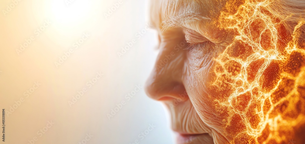 A close-up of an elderly woman, her profile merging with elements of fire, symbolizing resilience and the passage of time. A close-up of an elderly woman, her profile merging with elements of fire, symbolizing resilience and the passage of time.
