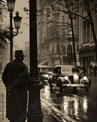 Obraz na płótnie 1930s Noir Street Scene with Man in Trench Coat and Passing Vintage Cars w salonie