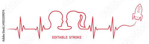 Editable line, love couple, man, woman head, spaceship rocket red line art vector. Heart rhythm ekg vector design to use for love, healthy lifestyle, emotion, romance concept illustration projects. 