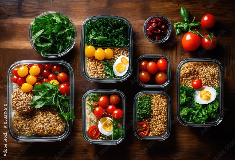 colorful arrangement various meal prep containers featuring fresh ingredients appealing textures flat lay composition, appetizing, balanced, culinary colorful arrangement various meal prep containers featuring fresh ingredients appealing textures flat lay composition, appetizing, balanced, culinary