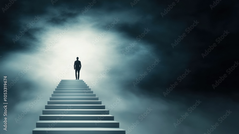 Man ascending a staircase into a bright, ethereal light, AI