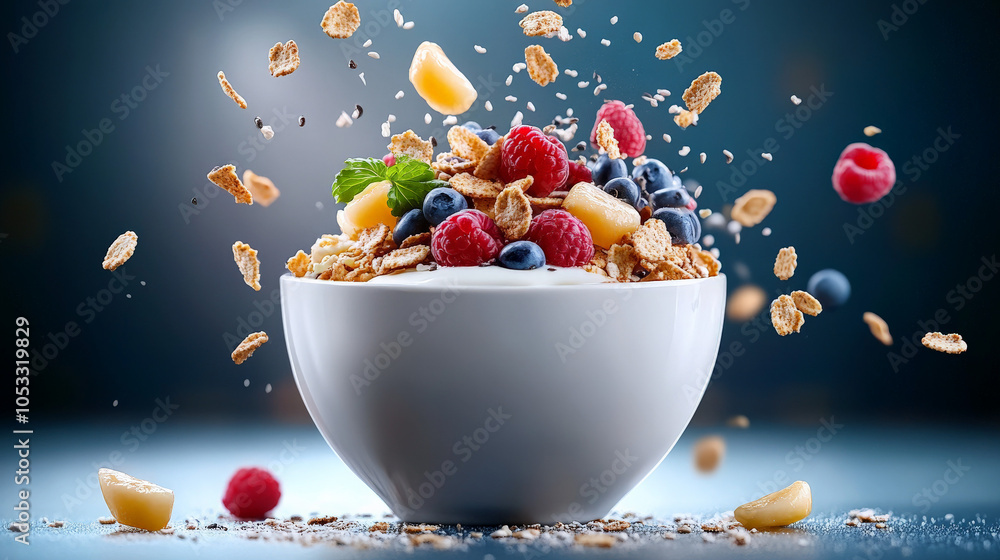Granola Burst: A vibrant bowl of granola, bursting with fresh fruit and a splash of milk, creates a captivating visual for a healthy and delicious breakfast. Granola Burst: A vibrant bowl of granola, bursting with fresh fruit and a splash of milk, creates a captivating visual for a healthy and delicious breakfast.