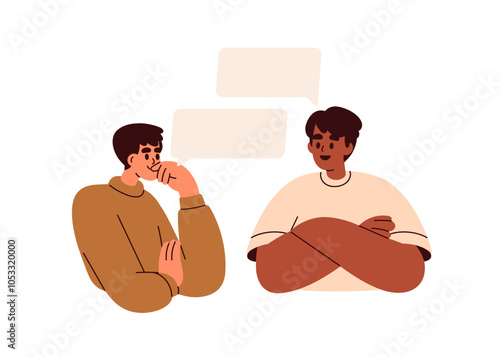 Men conversation with speech bubbles. People in dialogue, discussing, talking, speaking, chatting about ideas. Communication, discussion concept. Flat vector illustration isolated on white background