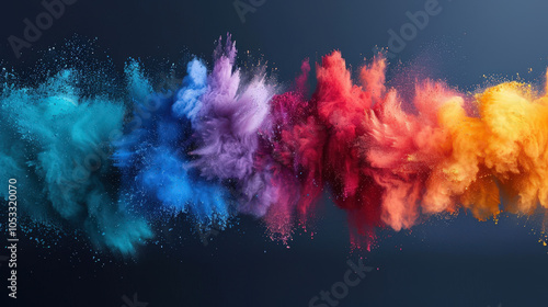 Bright multicolor powder explosion creates stunning visual effect against dark background, showcasing vibrant hues of blue, purple, red, and orange. dynamic splashes evoke sense of energy and