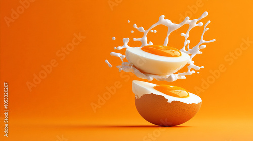 Eggsplosion: Milk Splashing on a Cracked Egg. Dynamic image of a halved egg with milk splashing around it, against a vibrant orange background. Perfect for breakfast, dairy. photo