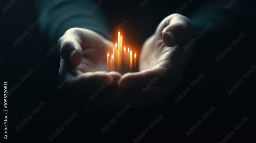 Hands holding glowing chart symbolizing growth and success, with light beams representing data trends and progress. image conveys hope and potential for future Hands holding glowing chart symbolizing growth and success, with light beams representing data trends and progress. image conveys hope and potential for future