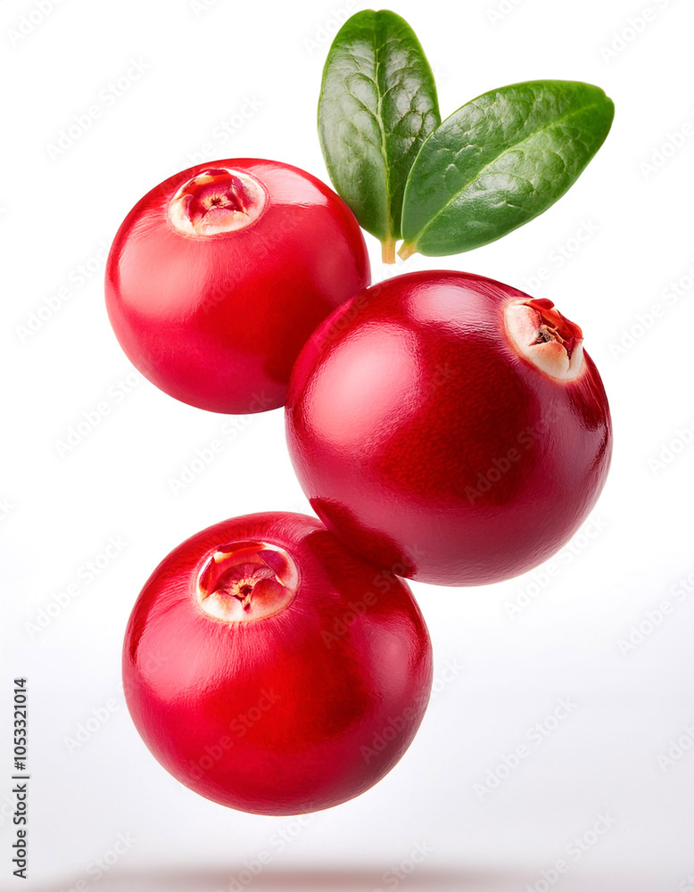 Cranberry fruit with leaves floating or flying isolated white background Cranberry fruit with leaves floating or flying isolated white background