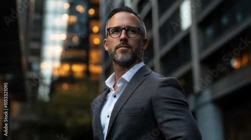 confident man in tailored suit stands in urban setting, exuding professionalism and ambition. His thoughtful expression suggests he is focused on achieving his goals