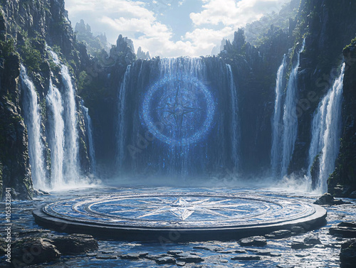 a fantastical landscape with a central compass rose, surrounded by a lush greenery and cascading waterfalls, set against a backdrop of majestic mountains. photo