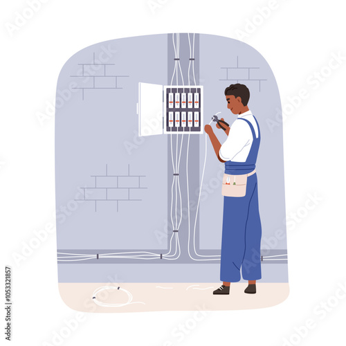 Electrician works with fuse box and wiring. Professional worker repairing electrical panel, fuseboard, electricity power distribution system. Flat vector illustration isolated on white background