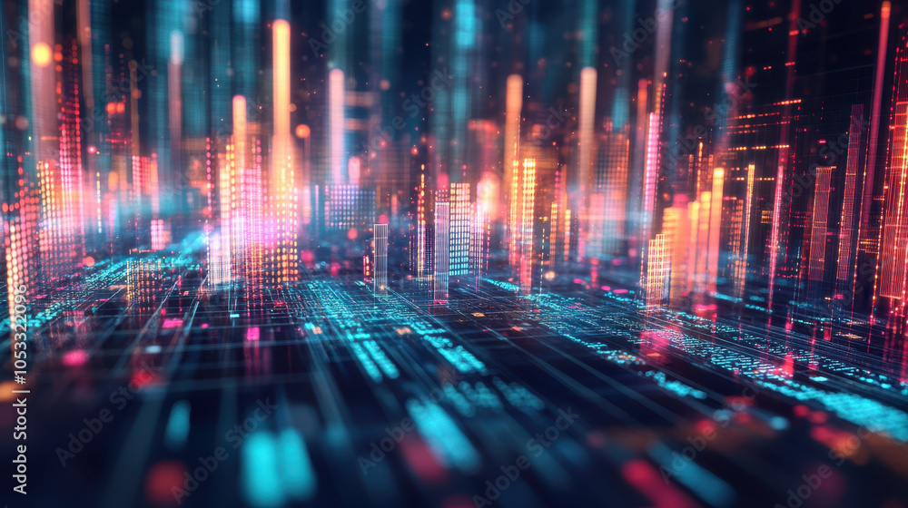 Fototapeta premium Digital data visualization with vibrant colors and glowing bars representing data trends and forecasts. This futuristic design illustrates concept of data analysis and technology