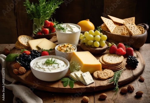 delicious creamy dairy spread beautifully presented rustic wooden board perfect gatherings entertaining, appetizer, artistic, arrangement, beef, blend photo