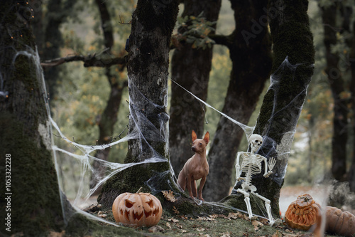 An American Hairless Terrier sits wearing a witch hat next to a carved pumpkin in a spooky forest. The Halloween decorations create a festive, eerie atmosphere. photo