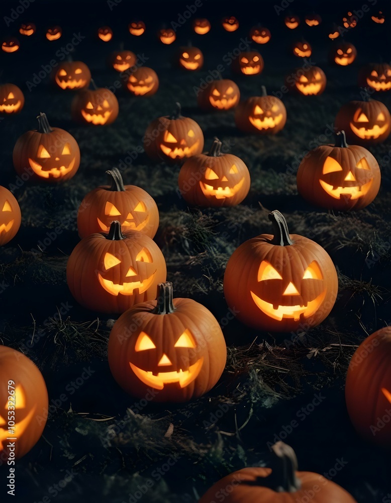 Halloween jack-o-lantern pumpkins on a spooky dark field in the night, halloween background wallpaper Halloween jack-o-lantern pumpkins on a spooky dark field in the night, halloween background wallpaper