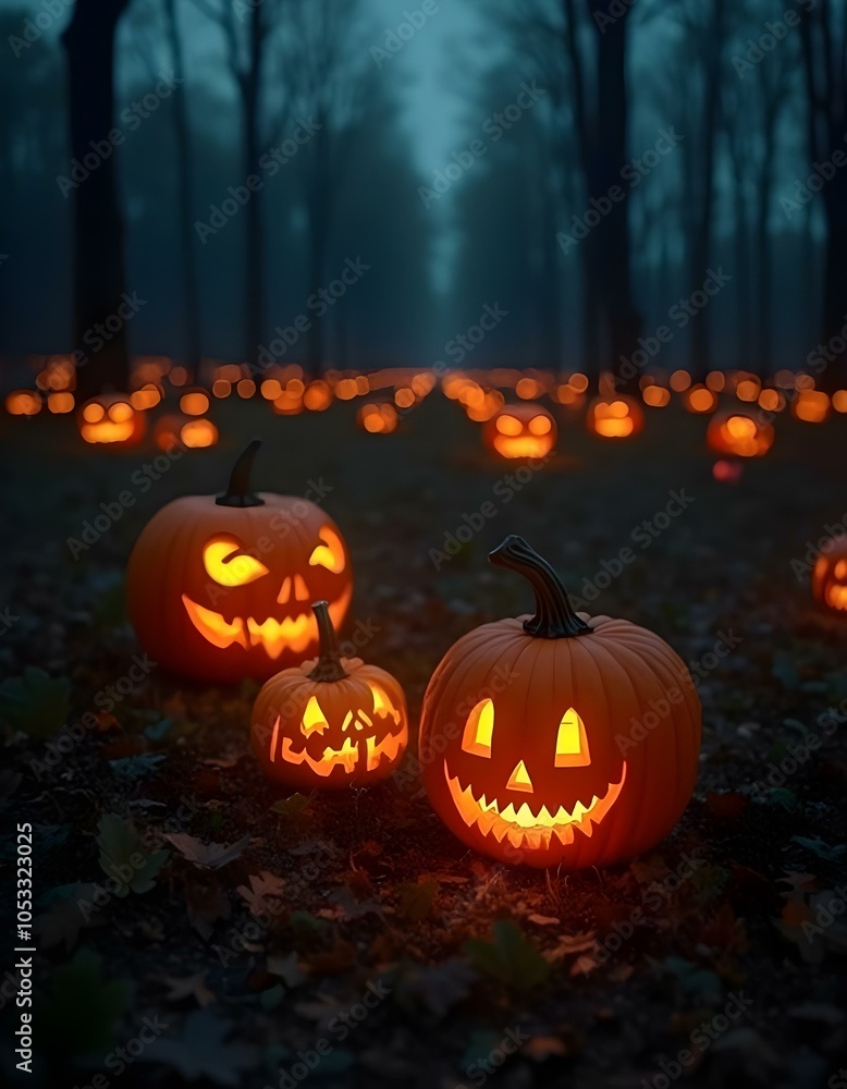 Halloween jack-o-lantern pumpkins on a spooky dark field in the night, halloween background wallpaper Halloween jack-o-lantern pumpkins on a spooky dark field in the night, halloween background wallpaper