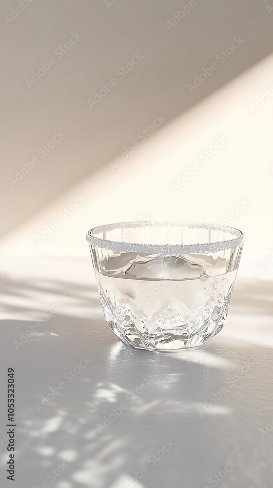 Elegant Crystal Glass with Salt Rim and Ice Cubes in Sunlight Creating Beautiful Shadows and Reflections. Elegant Crystal Glass with Salt Rim and Ice Cubes in Sunlight Creating Beautiful Shadows and Reflections.