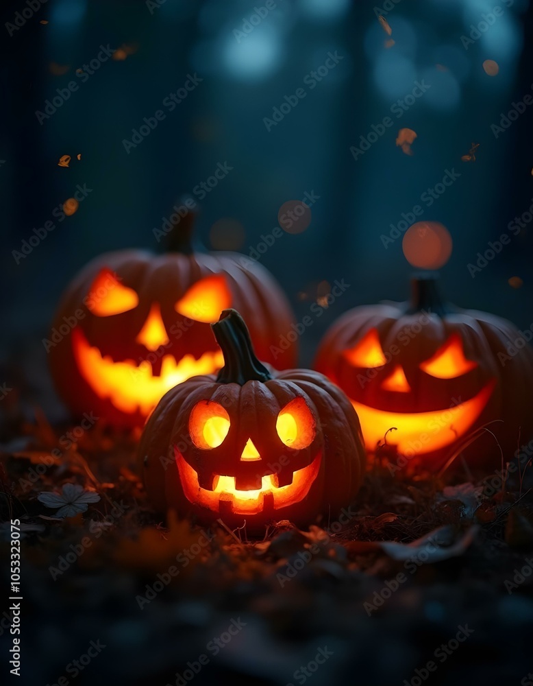 Halloween jack-o-lantern pumpkins on a spooky dark field in the night, halloween background wallpaper Halloween jack-o-lantern pumpkins on a spooky dark field in the night, halloween background wallpaper