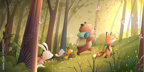 Wild animals with backpacks hiking in the forest. Bear fox rabbit and squirrel going on adventure in the woods among trees. Illustration for kids story or fairy tale. Vector cartoon for children.