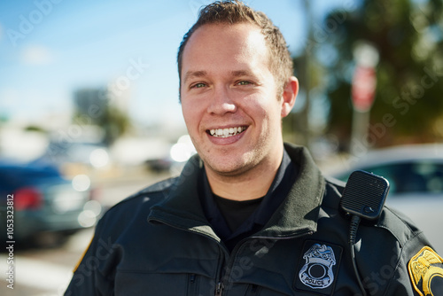 Принти на полотні Man, portrait and police officer on duty, outdoor and uniform for responsibility in urban city