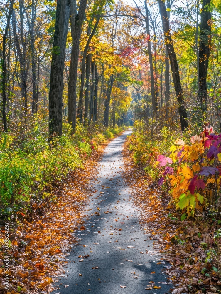Fototapeta premium A serene pathway through a vibrant autumn forest, lined with colorful leaves.