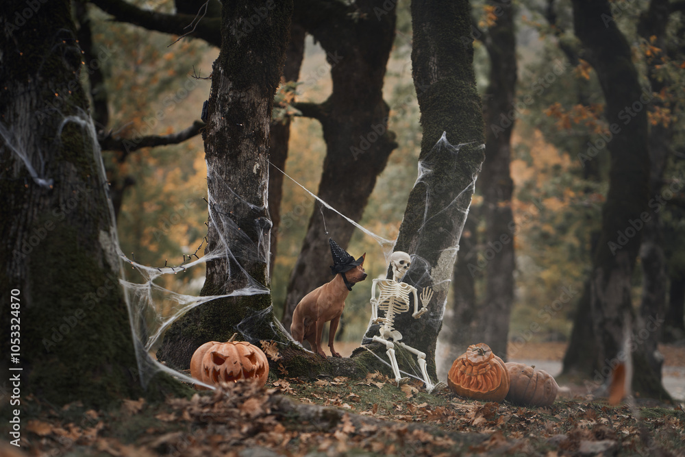 Obraz premium An American Hairless Terrier sits wearing a witch hat next to a carved pumpkin in a spooky forest. The Halloween decorations create a festive, eerie atmosphere.