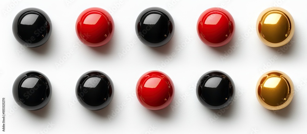 A pattern of black, red, and gold spheres on a white background. A pattern of black, red, and gold spheres on a white background.