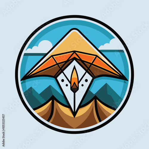 Geometric illustration of a hang glider soaring through the sky with mountains and a body of water in the background.