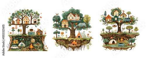 Whimsical tree house illustrations cartoon vector concepts. Rural hut cars tents fire birds flowers greenery community houses camping fantasy creative landscape isolated on white background