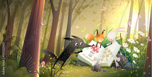 Wild animals reading book or study in forest. Wolf squirrel rabbit and mouse learn from open book in the woods among trees. Illustration for kids education or fairy tale. Vector cartoon for children.