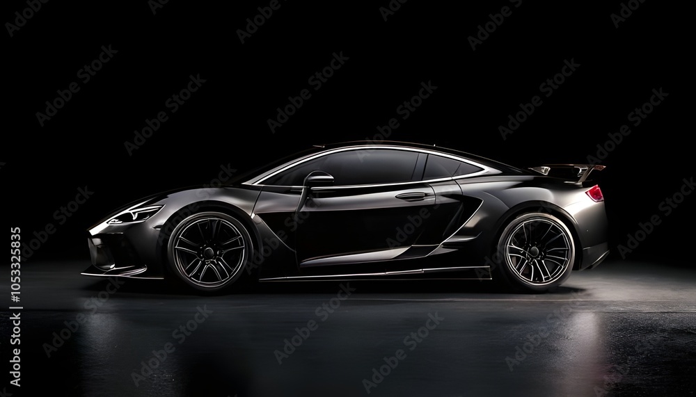 Naklejka premium Dynamic and Dramatic: Blacked-Out Beauty: A Stealthy Supercar Emerges from the Shadows