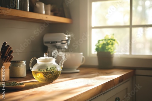 Wallpaper Mural A cozy kitchen scene with a steaming teapot, herbs, and natural light. Torontodigital.ca