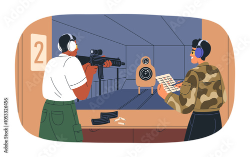 Shooting range. Soldier with gun, rifle at firing practice. Military professional with firearm aiming at target. Shooter, sniper training. Flat vector illustration isolated on white background