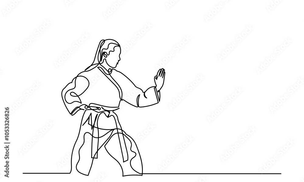 Fototapeta premium Continuous line drawing of female athletes practicing karate.martial arts training and determination, practicing kicks and jumping.sport, martial arts, combat sports, and active lifestyle concepts.