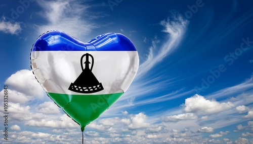 レソトの国旗のハート型の風船と青空(Lesotho flag heart-shaped balloon and blue sky.) 