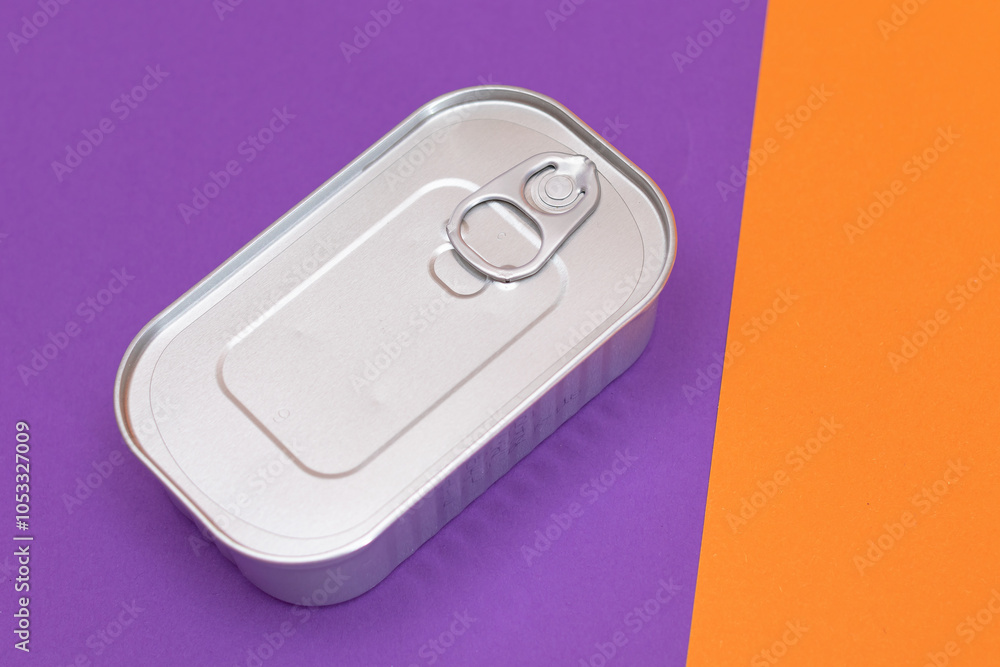 Unopened Tin Can on Split Orange and Violet Background. Canned Food. Aluminum Can for Safe and Long Term Storage of Food. Steel Sealed Food Storage Container