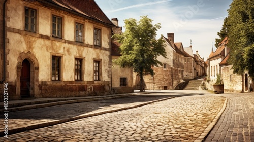 Fototapeta Naklejka Na Ścianę i Meble -  Historical architecture in a small town featuring cobblestone streets and old buildings